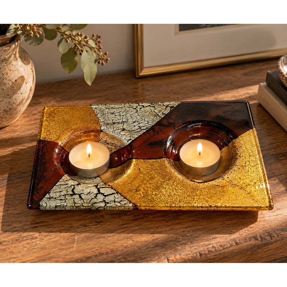 MCM Art Glass Trinket Dish Candle Holder Tray Red Gold Silver Crackle Leaf Style